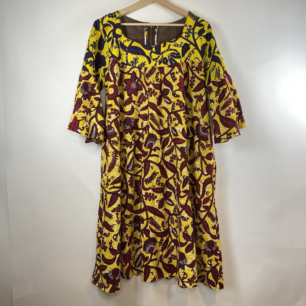 Handmade Dutch Wax Vlisco Floral Dress XL Artsy Retro Ruffle Sleeve Pockets